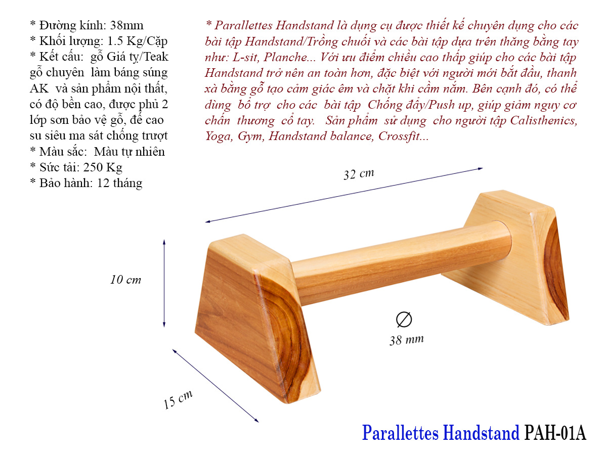 Dụng cụ chống đẩy, hít đất bằng gỗ - Parallettes Handstand PAH-01A