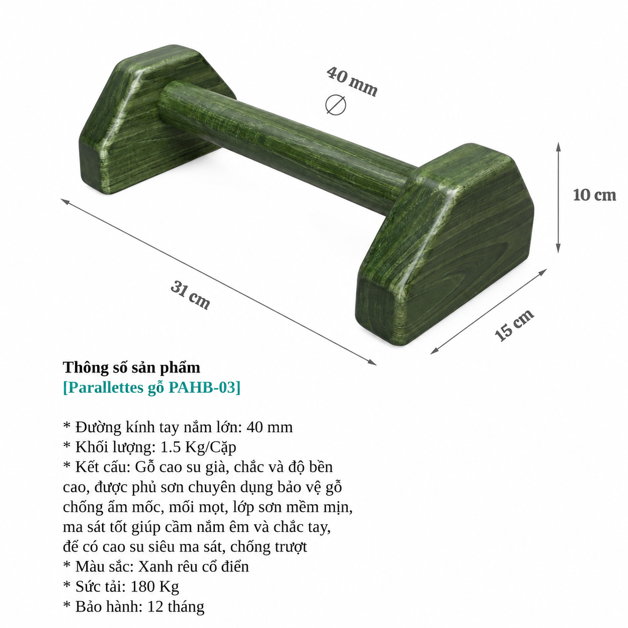 Dụng cụ chống đẩy, hít đất bằng gỗ - Parallettes Handstand, Đế dáng B, Màu gỗ xanh rêu