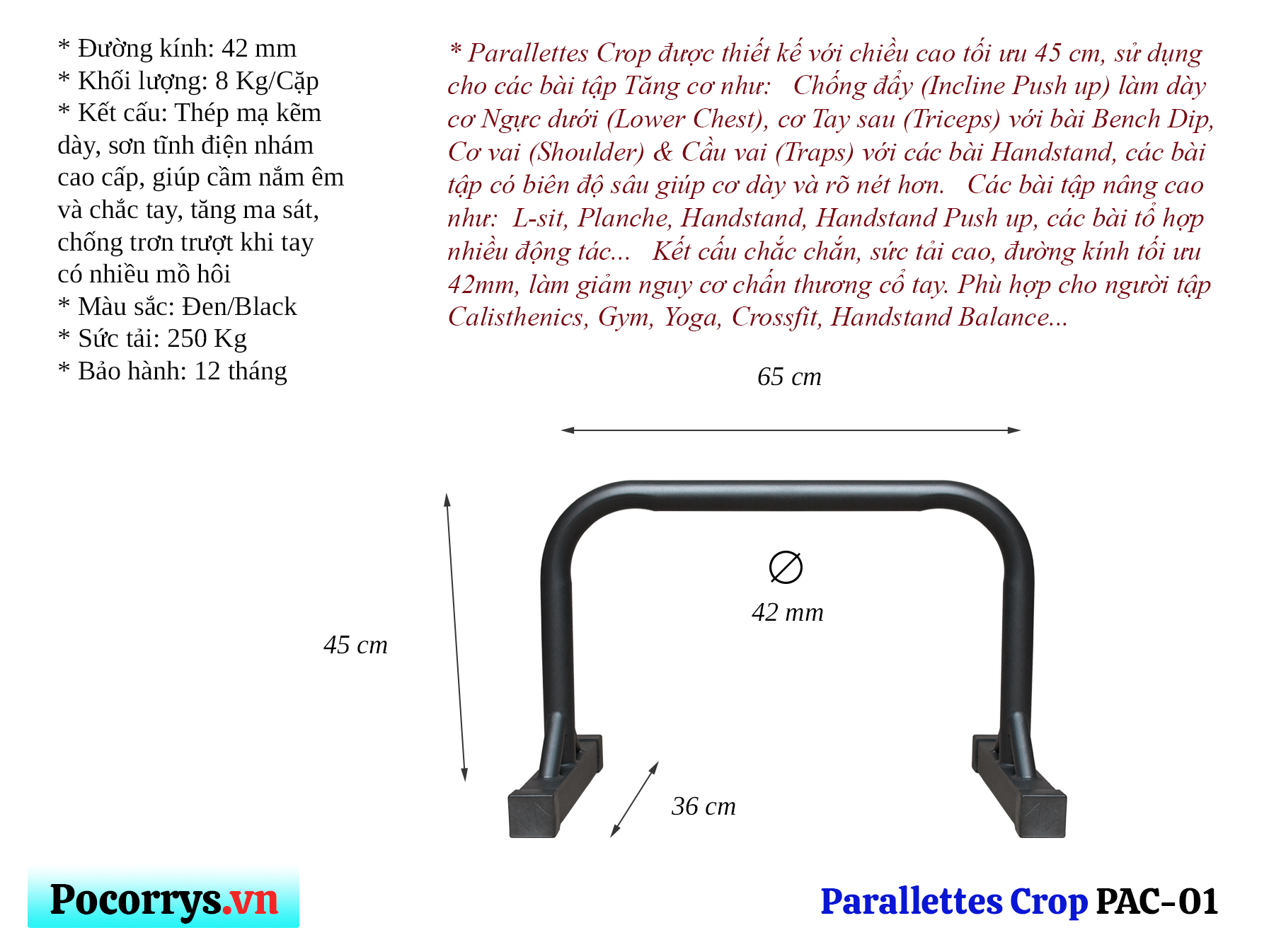 Xà kép - Parallettes Crop cao 45cm PAC