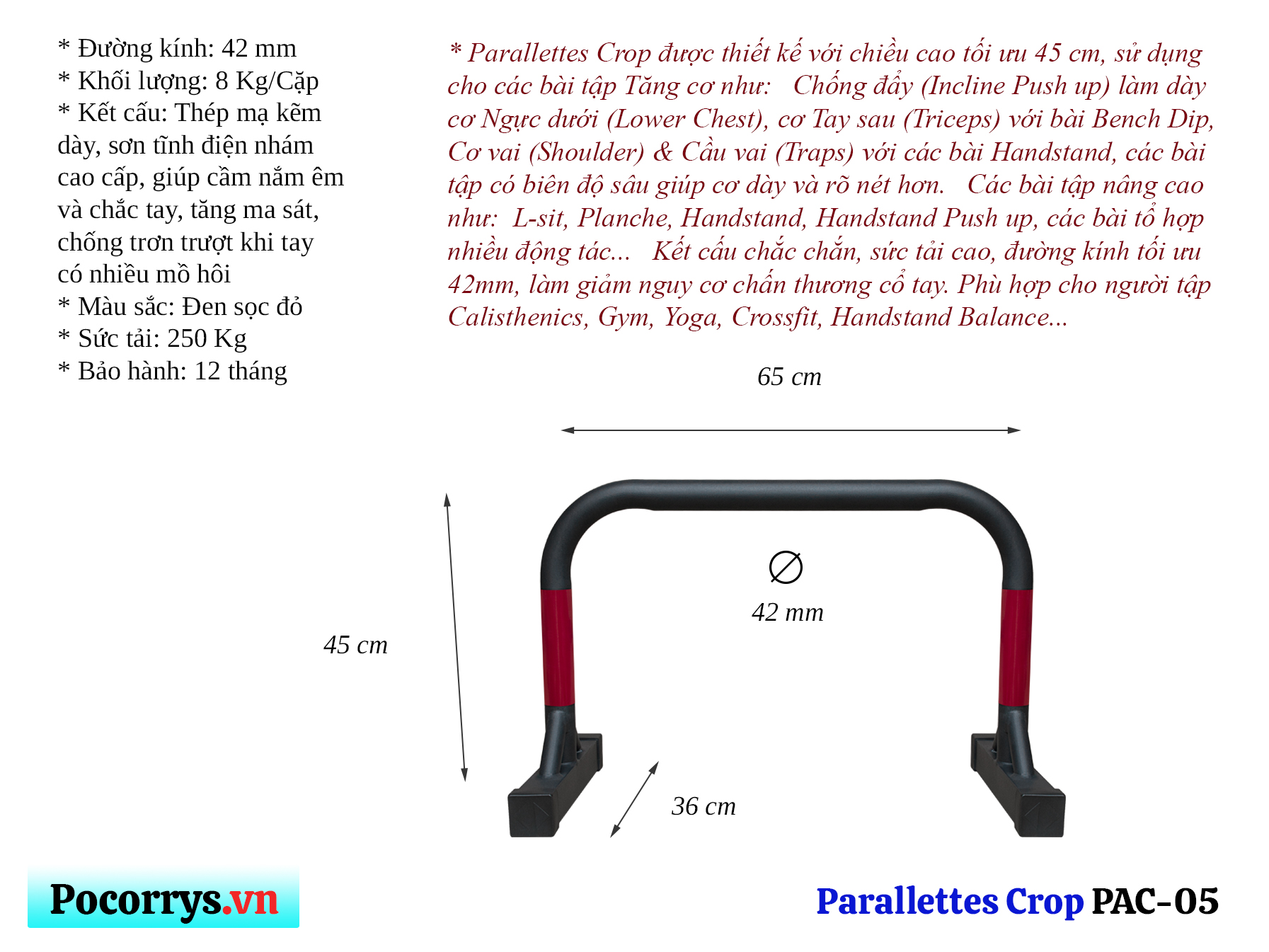 Xà kép - Parallettes Crop cao 45cm PAC-05