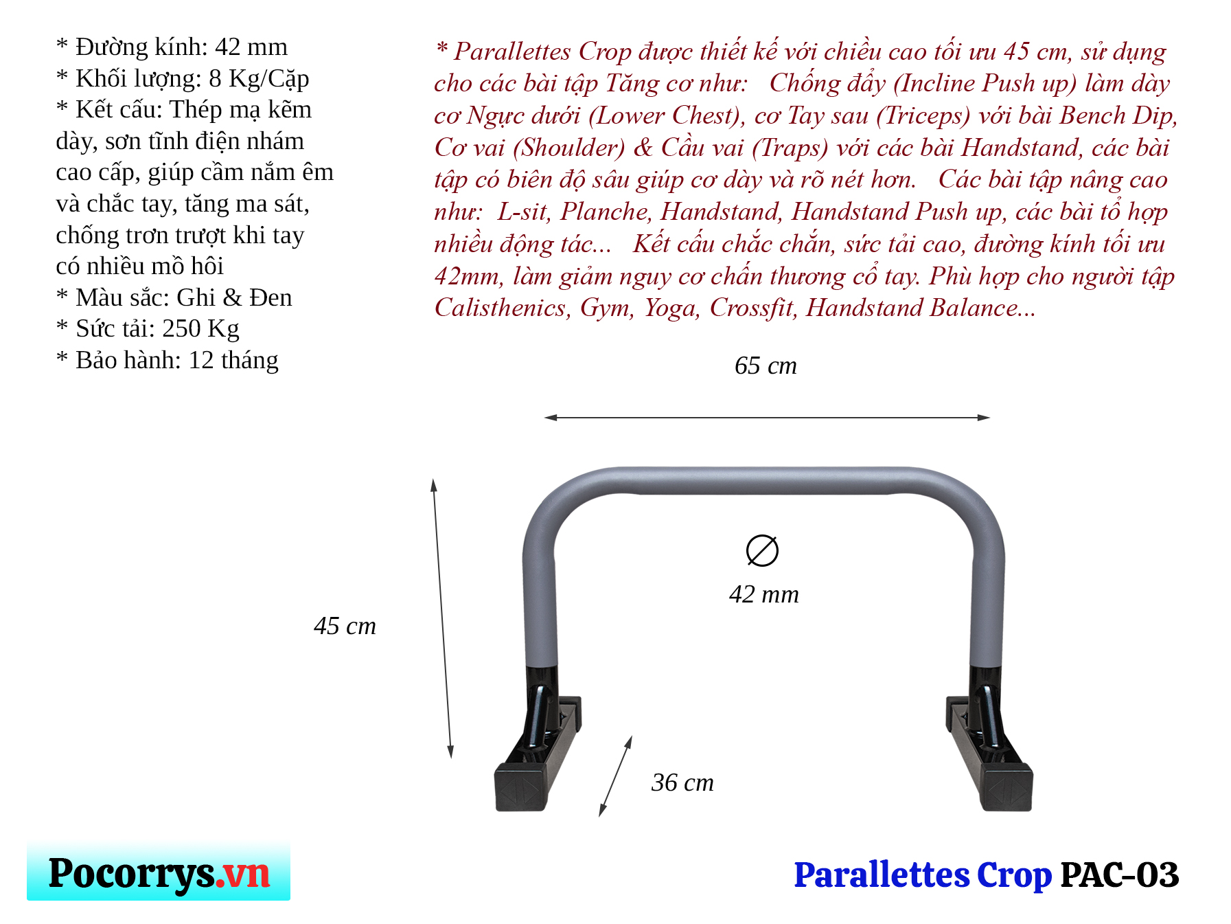 Xà kép - Parallettes Crop cao 45cm PAC-03