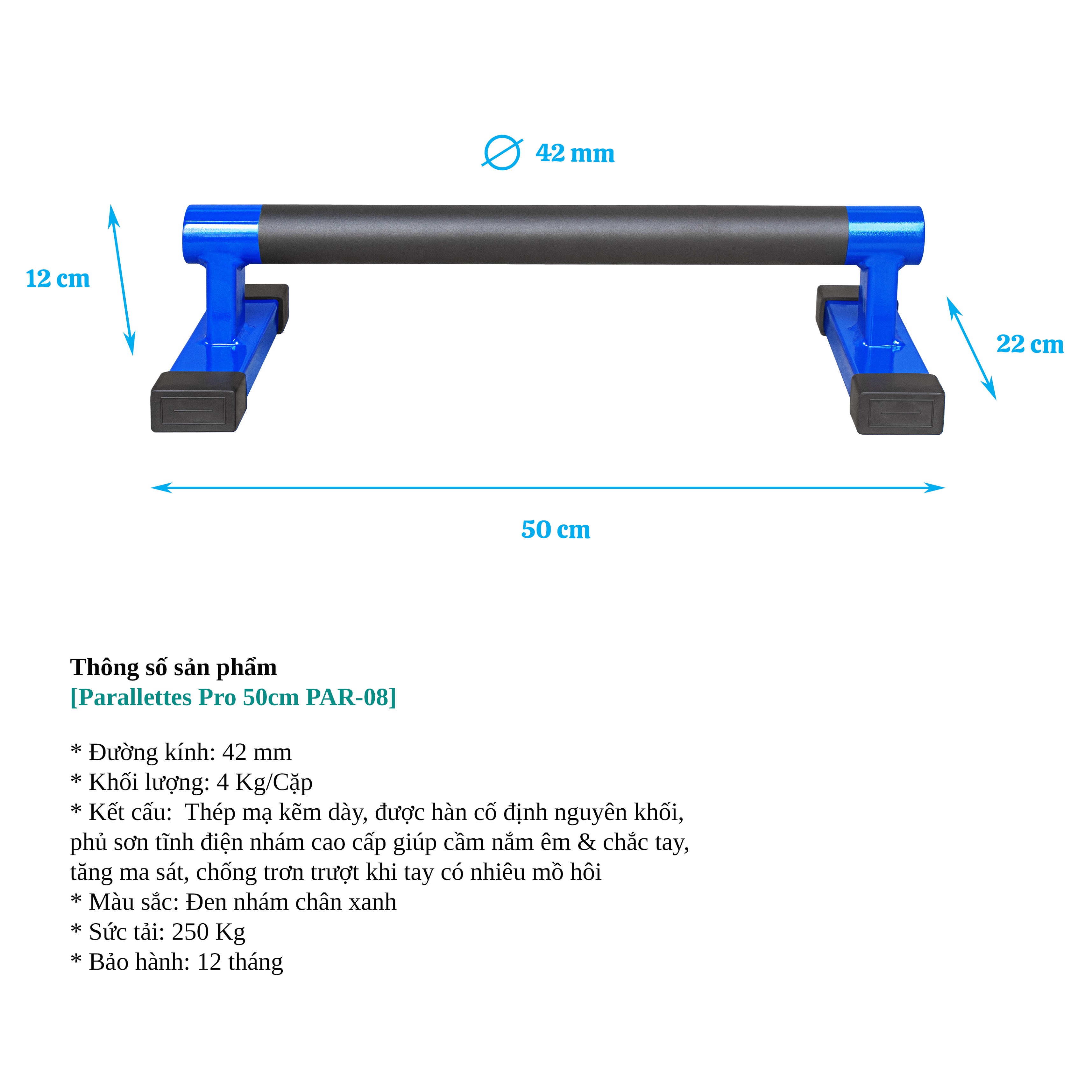 Dụng cụ chống đẩy, hít đất - Parallettes Pro cao 12cm dài 50cm PARL-01