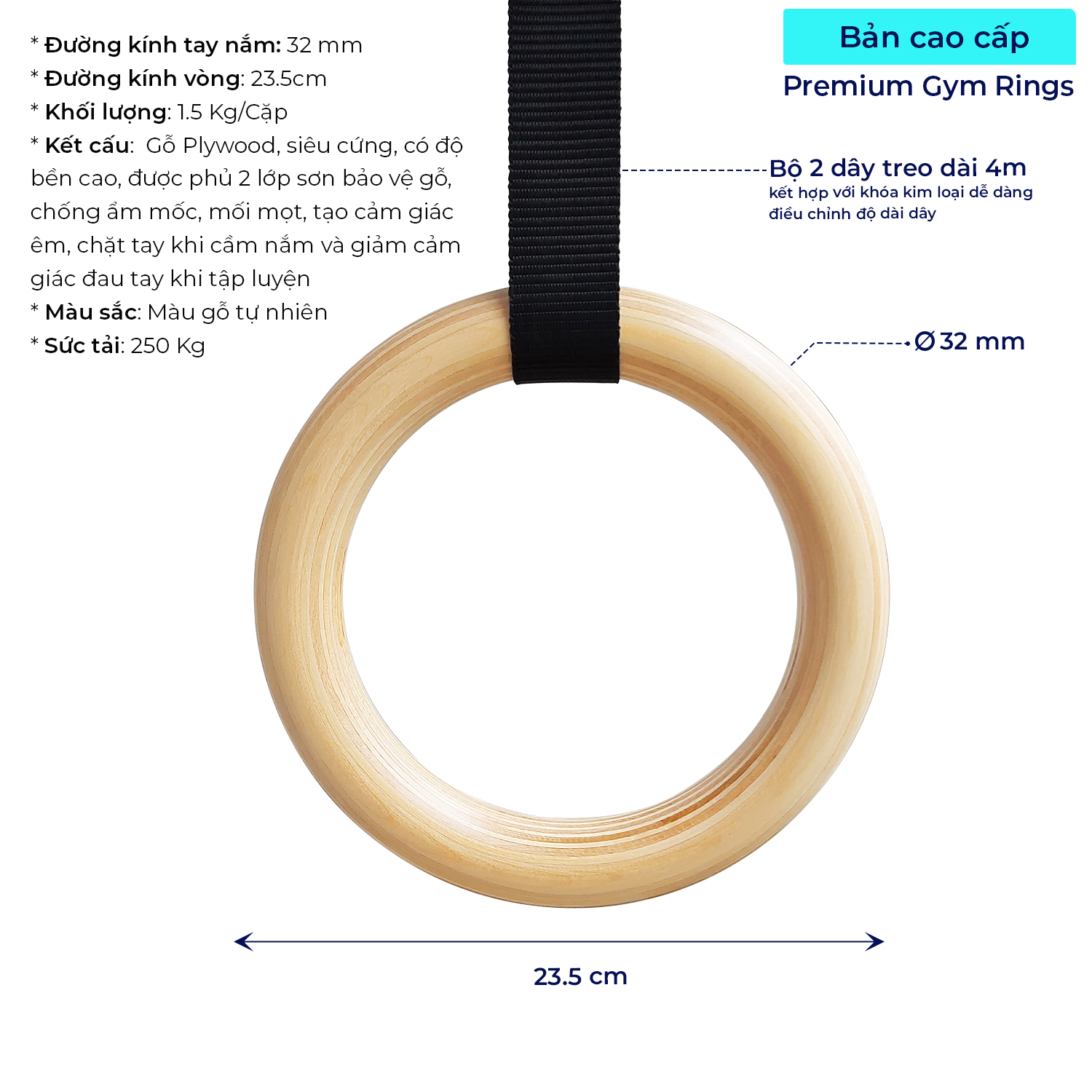Wooden Gymnastics Rings with Adjustable Straps