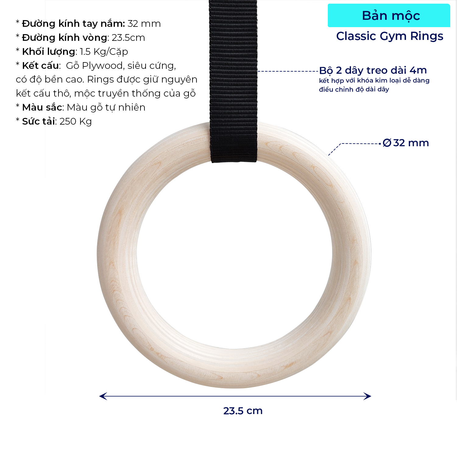 Wooden Gymnastics Rings with Adjustable Straps