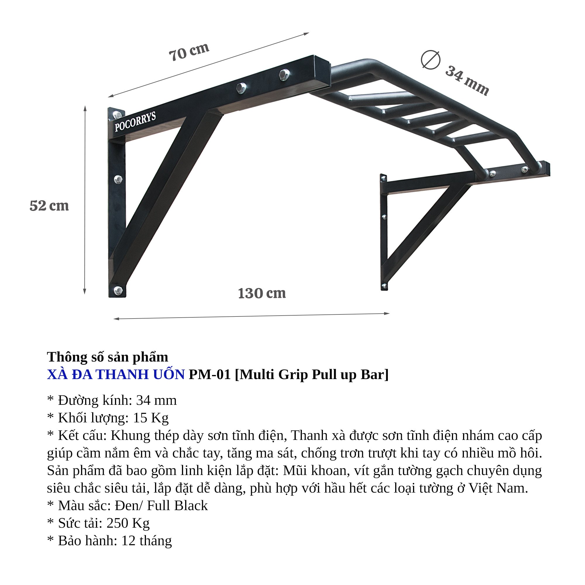 Multi grip Wall mounted Pull up Bar PM