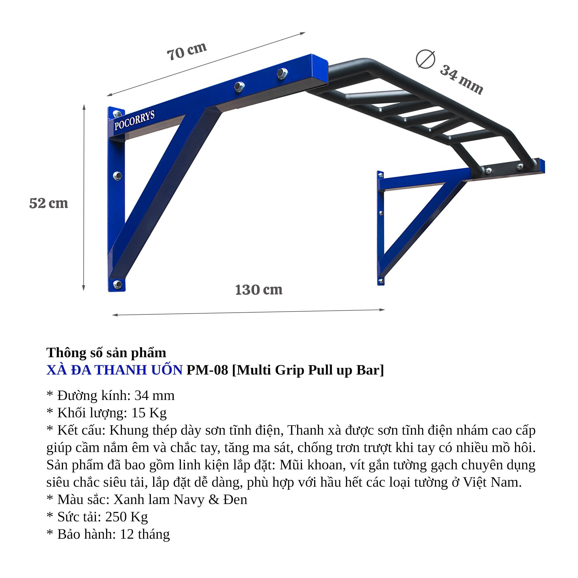 Xà đa thanh uốn gắn tường - Pull up Bar PM